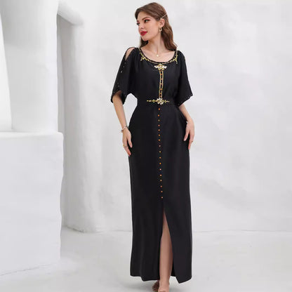 Sharq Black & Gold Embellished Maxi Dress | Luxury Evening Kaftan - Yarafly 