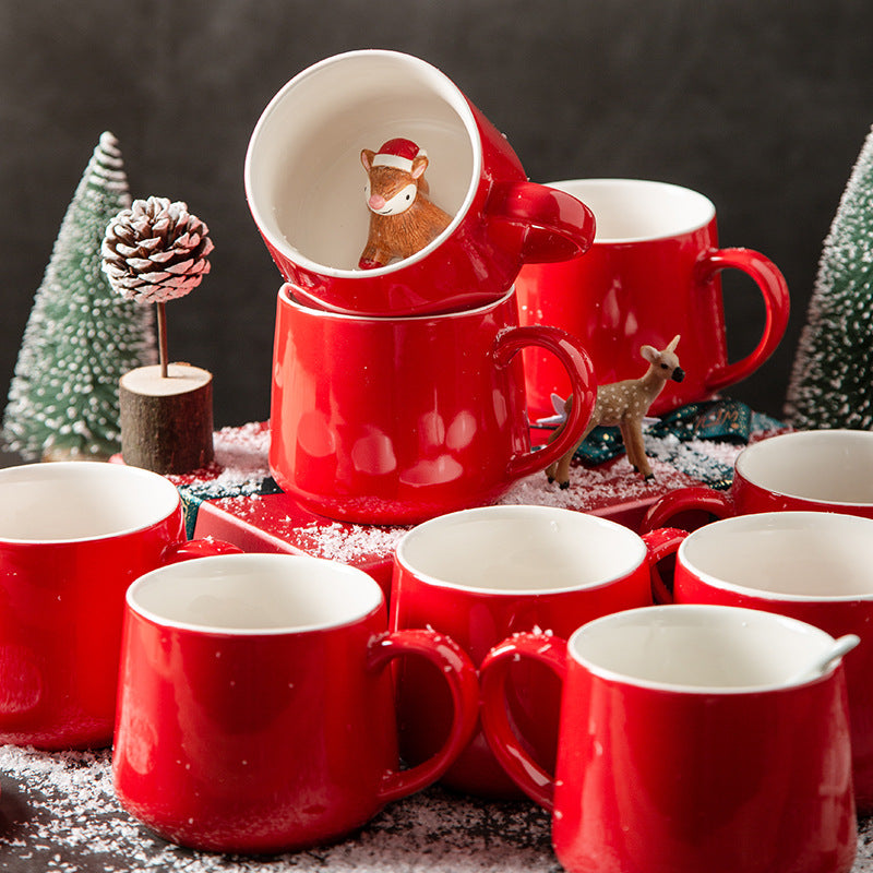 Festive Christmas Character Mugs Set - Red Ceramic Holiday Cups with 3D Figures - Yarafly 