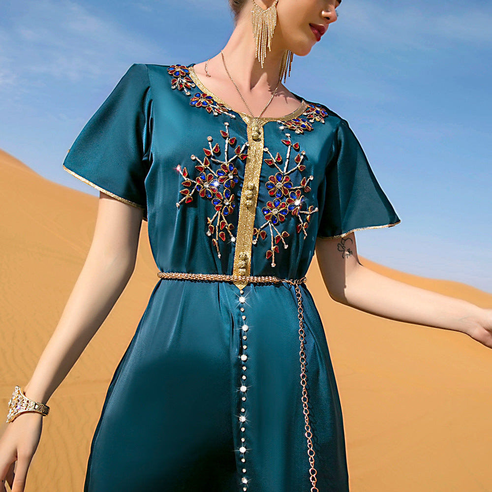 Emerald Desert Bloom Kaftan | Crystal-Embellished Maxi Dress - Yarafly 