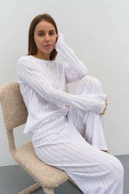 Ethereal Ribbed Two-Piece Pajama Set | Modern Comfort Wear | Pure White Collection - Yarafly