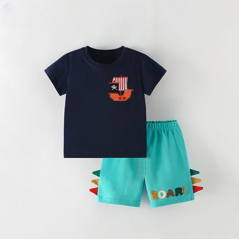 Toddlers & Kids Pirate Ship & Dino Shorts Outfit for Boys