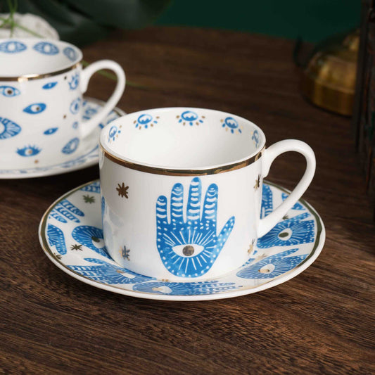 Mystic Evil Eye Or Hamsa Tea Cup Set | Blue & Gold Porcelain 270ml - Yarafly 