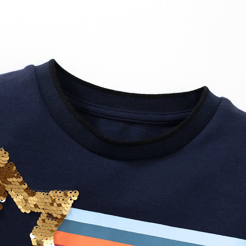 Toddler & Kids Navy Star Sequin Rainbow Stripe Dress - Yarafly