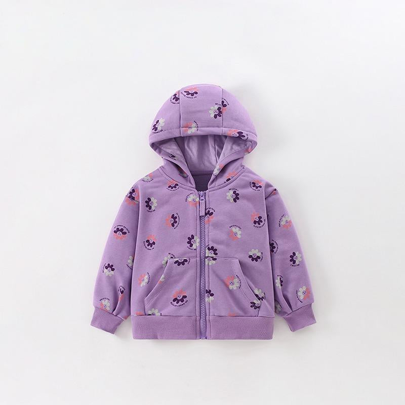 Toddler & Kids Purple Smiling Flower Print Zip Hoodie Jacket (2T–7T)