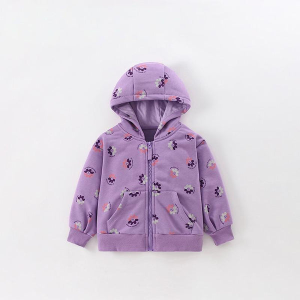 Toddler & Kids Purple Smiling Flower Print Zip Hoodie Jacket (2T–7T)