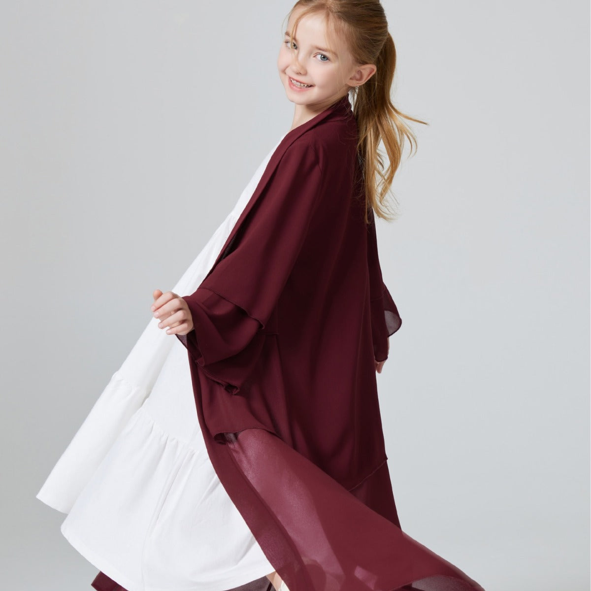 Girls 2 Layer Chiffon Red Cardigan Abaya Robe Dress - Yarafly 