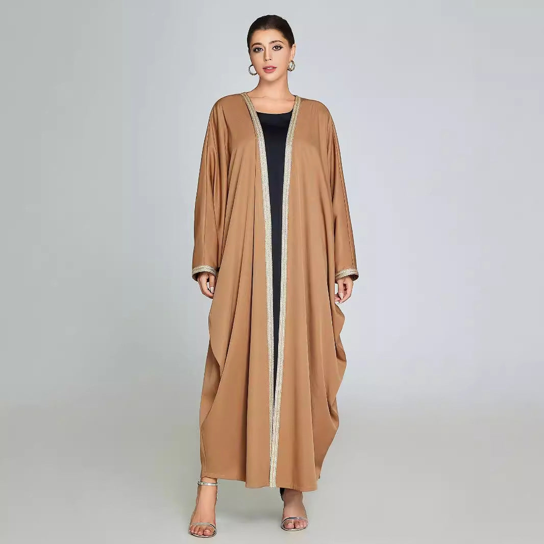 Luxurious Iraqi Open Abaya | Gold-Trimmed Camel Kaftan | Modest Fashion - Yarafly 