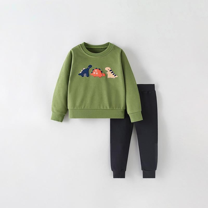 Toddler & Kids Green Dinosaur Sweatshirt Set – 2 Piece Outfit - Yarafly