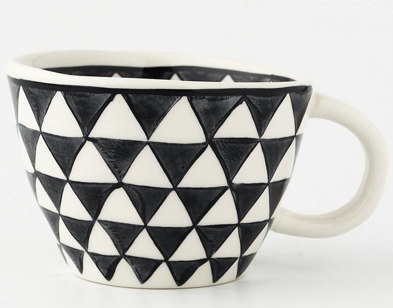 Mediterranean Style Geometric Hand-Painted Ceramic Mug 330ml or 11oz Wide Mouth - Yarafly 