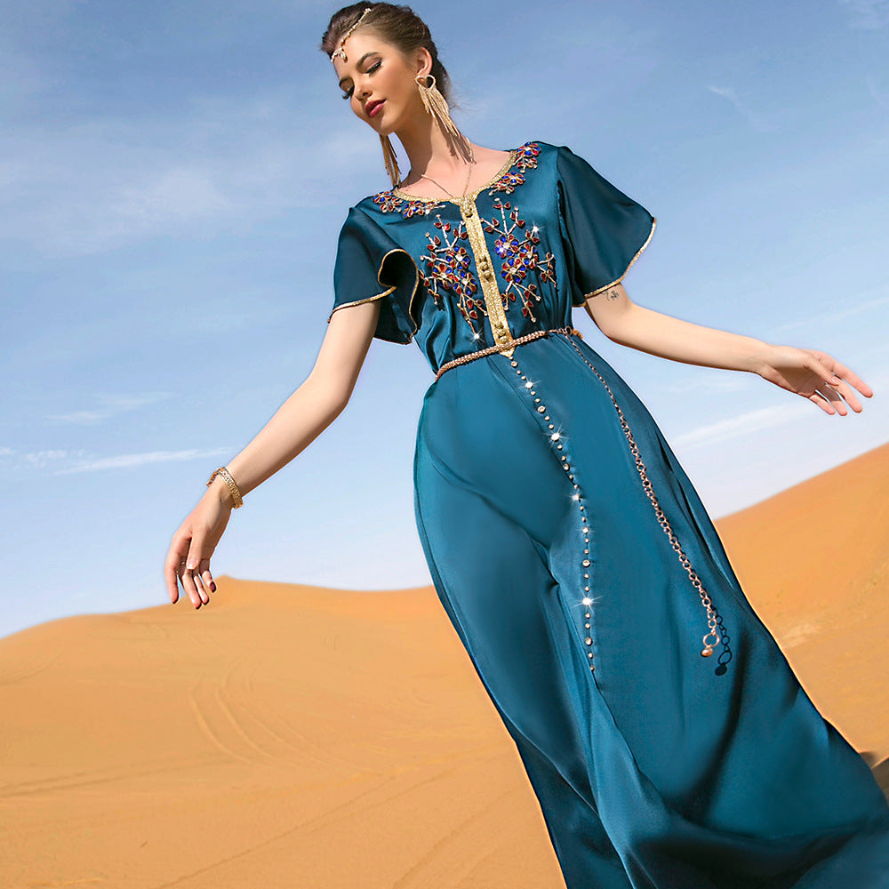 Emerald Desert Bloom Kaftan | Crystal-Embellished Maxi Dress - Yarafly 