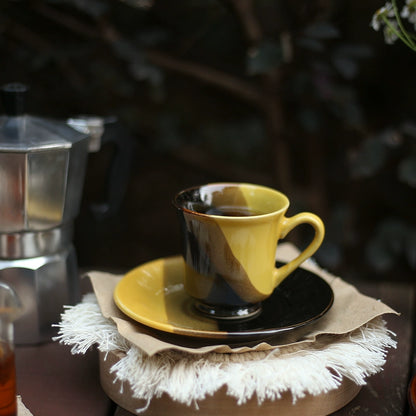 Retro Black and Yellow Porcelain Espresso Cup with Saucer 80ml - Yarafly 