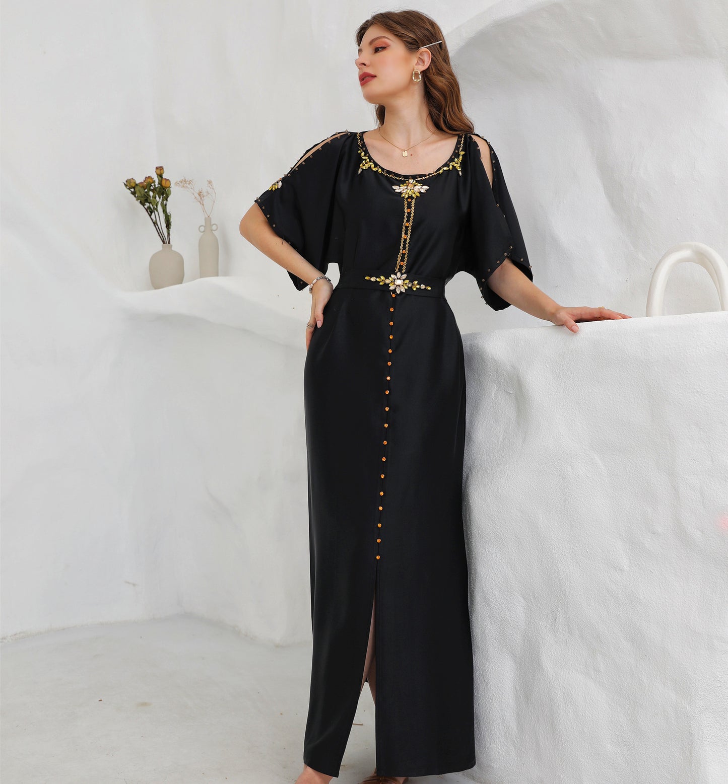 Sharq Black & Gold Embellished Maxi Dress | Luxury Evening Kaftan - Yarafly 