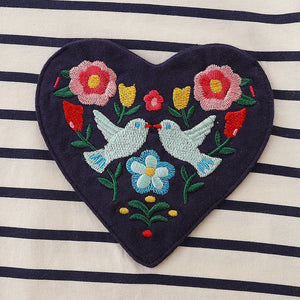 Girls Striped Long Sleeve Dress with Embroidered Hearts - Sizes 2T to 7T