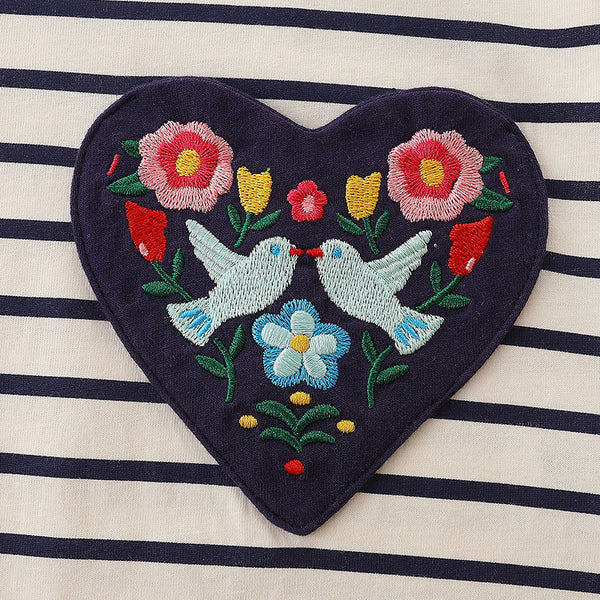 Girls Striped Long Sleeve Dress with Embroidered Hearts - Sizes 2T to 7T