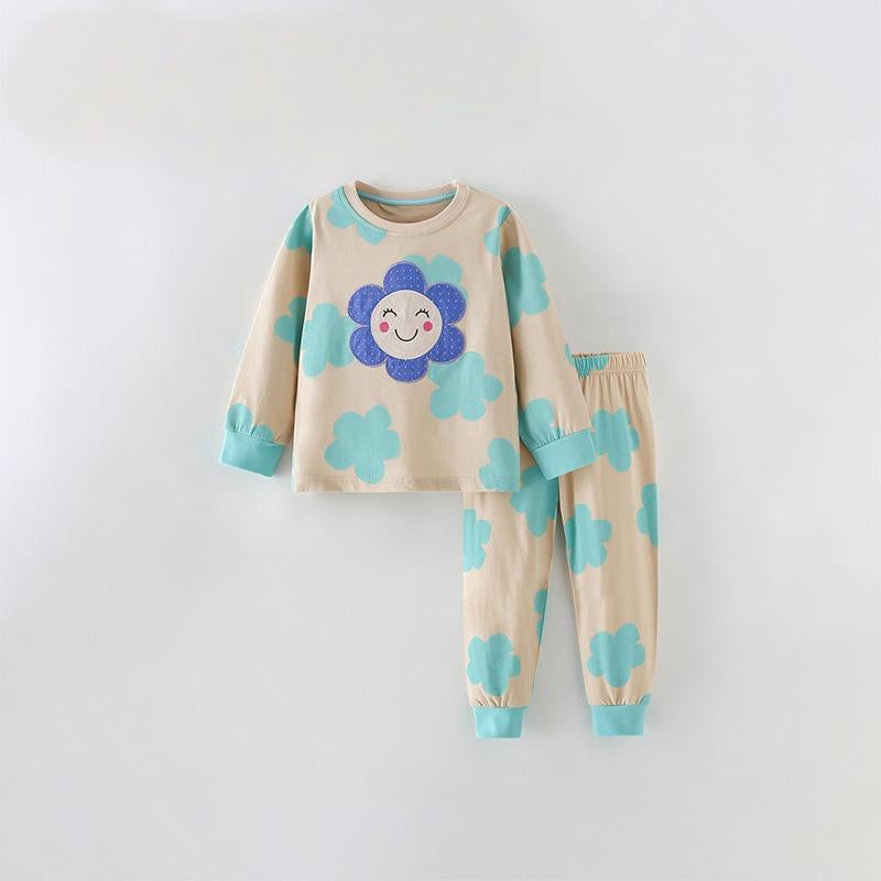Toddler & Kids Smiley Flower Pajama Set in Beige and Blue - Yarafly