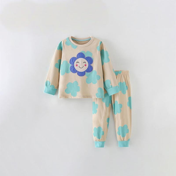 Toddler & Kids Smiley Flower Pajama Set in Beige and Blue - Yarafly