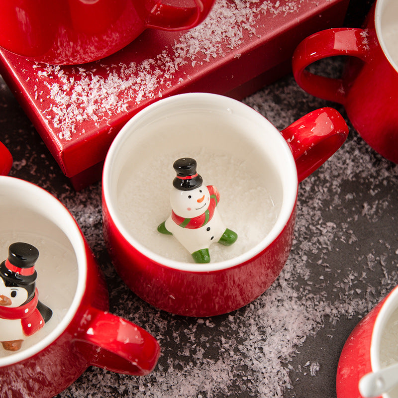 Festive Christmas Character Mugs Set - Red Ceramic Holiday Cups with 3D Figures - Yarafly 