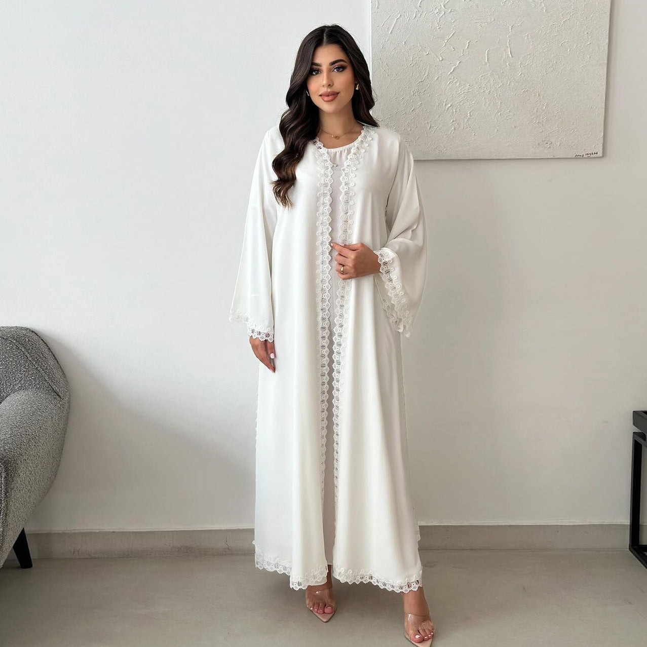 Elegant White Lace Trim Abaya | Pearl Open Front Kaftan | Modest Wear - Yarafly 