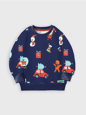 Navy Christmas Sweatshirt for Toddler and Kids Boys - Long Sleeve Cartoon Print