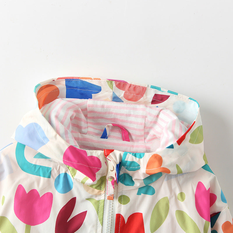 White Colorful Floral Toddler & Kids Windbreaker Jacket (2T–7T)