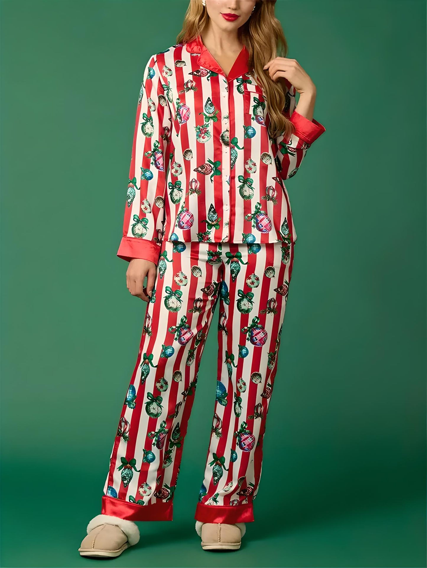 Women's Luxury Holiday Pajama Set | Button-Up PJs | Classic Piping Detail - Yarafly 