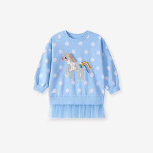 Toddler & Kids Blue Unicorn Polka Dot Sweatshirt with Grey Leggings Outfit - Yarafly