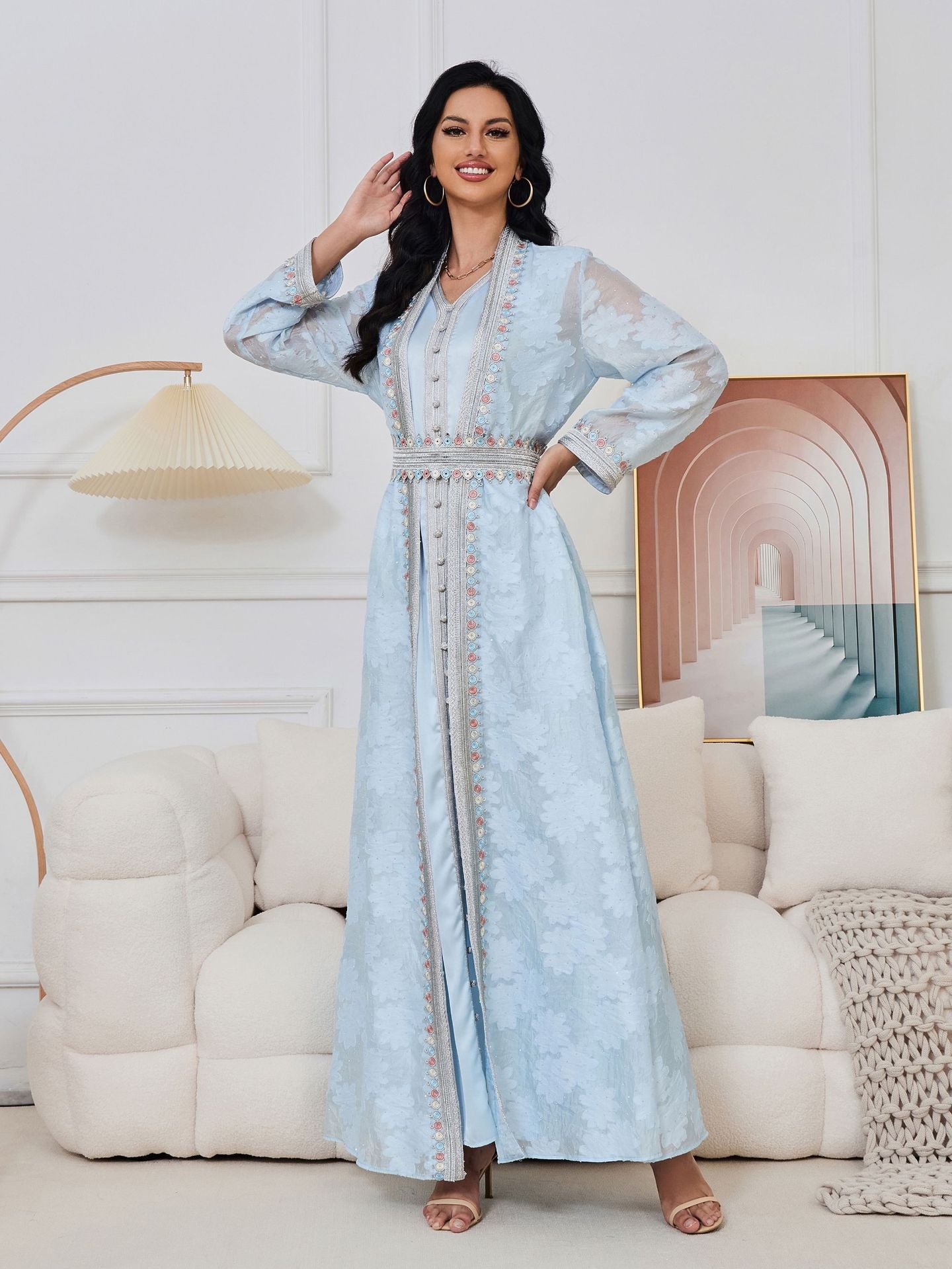 Powder Blue Jacquard 2-Piece Abaya Set with Floral Embroidery - Yarafly 