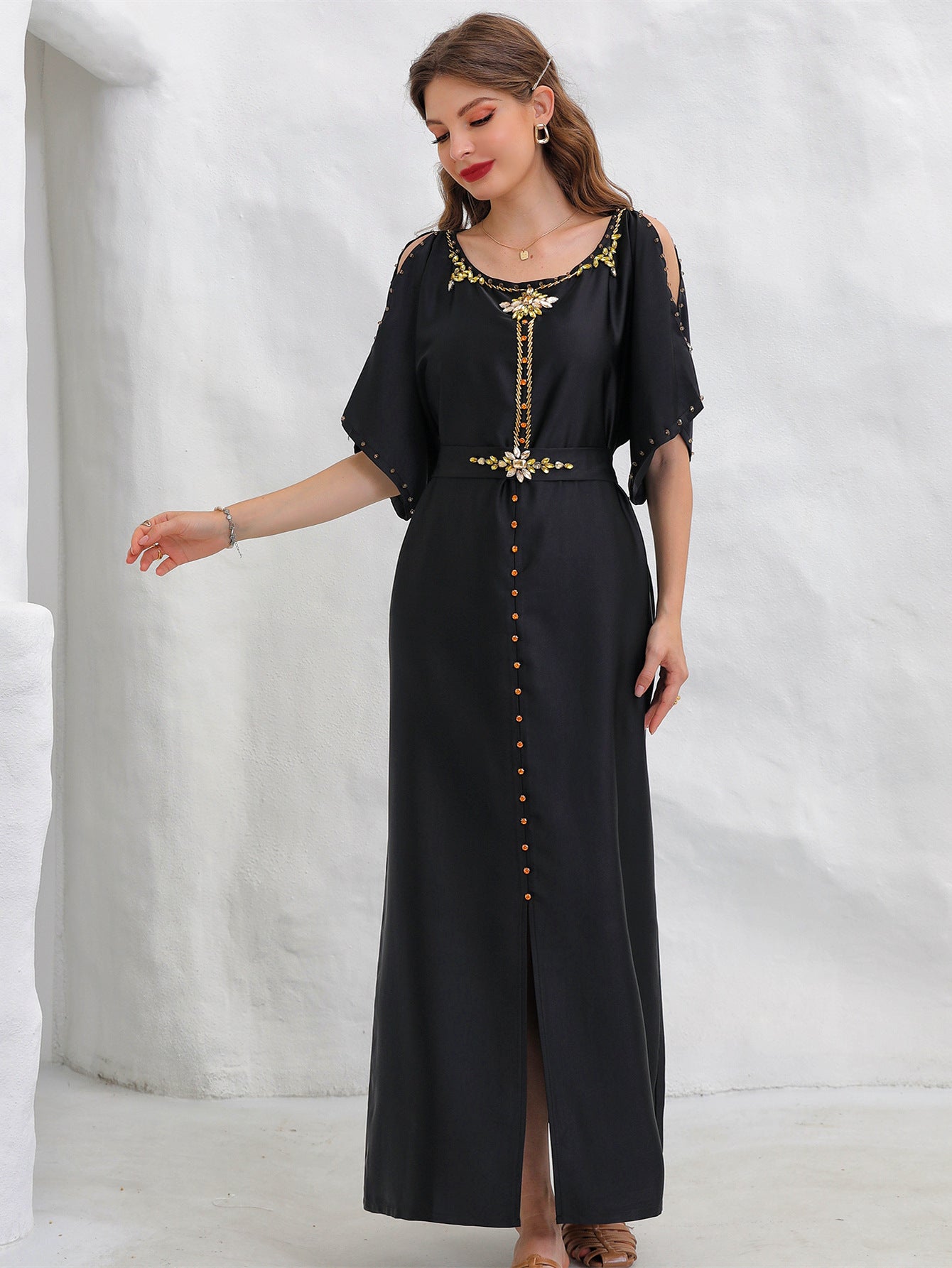 Sharq Black & Gold Embellished Maxi Dress | Luxury Evening Kaftan - Yarafly 