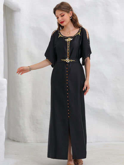 Sharq Black & Gold Embellished Maxi Dress | Luxury Evening Kaftan - Yarafly 