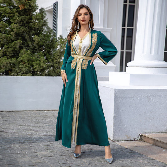 Emerald Gold-Embroidered Moroccan Dress | Luxury V-Neck Maxi - Yarafly 