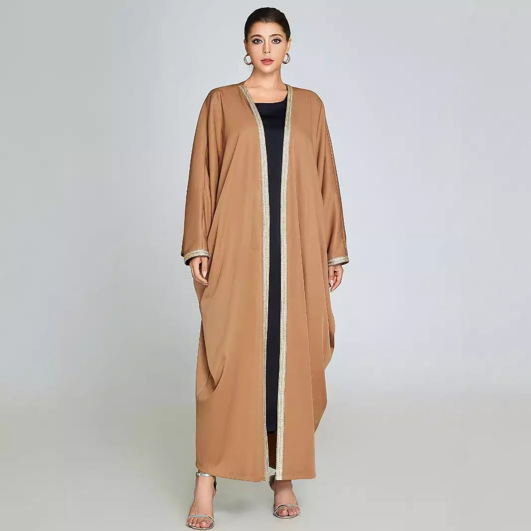 Luxurious Iraqi Open Abaya | Gold-Trimmed Camel Kaftan | Modest Fashion - Yarafly 