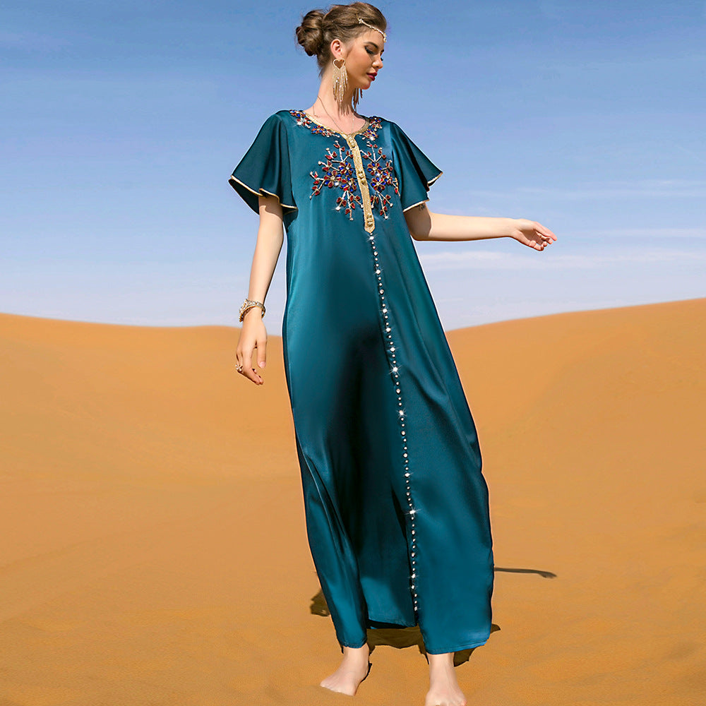 Emerald Desert Bloom Kaftan | Crystal-Embellished Maxi Dress - Yarafly 