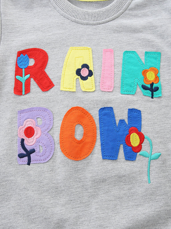 Toddler and Kids Girls Grey Sweater - Cartoon Flower Letter Patch Long Sleeve Pullover