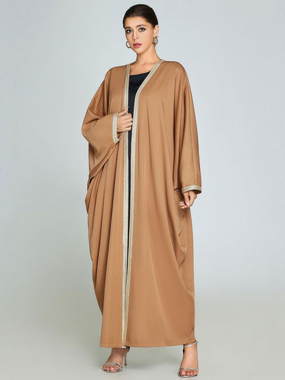 Luxurious Iraqi Open Abaya | Gold-Trimmed Camel Kaftan | Modest Fashion - Yarafly 