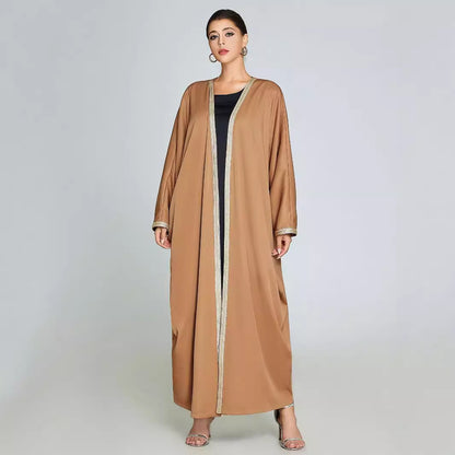 Luxurious Iraqi Open Abaya | Gold-Trimmed Camel Kaftan | Modest Fashion - Yarafly 