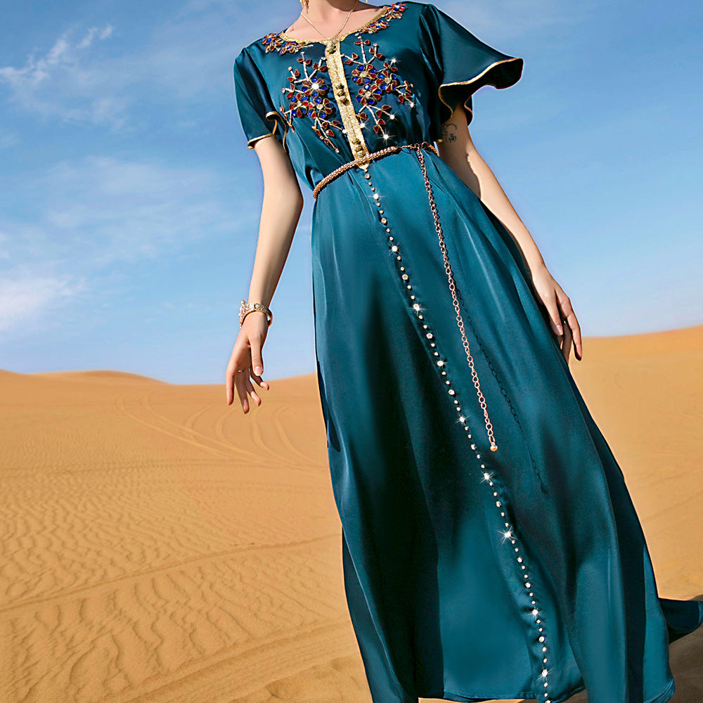 Emerald Desert Bloom Kaftan | Crystal-Embellished Maxi Dress - Yarafly 