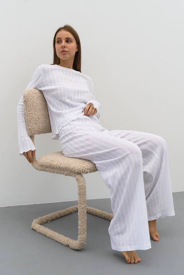 Ethereal Ribbed Two-Piece Pajama Set | Modern Comfort Wear | Pure White Collection - Yarafly