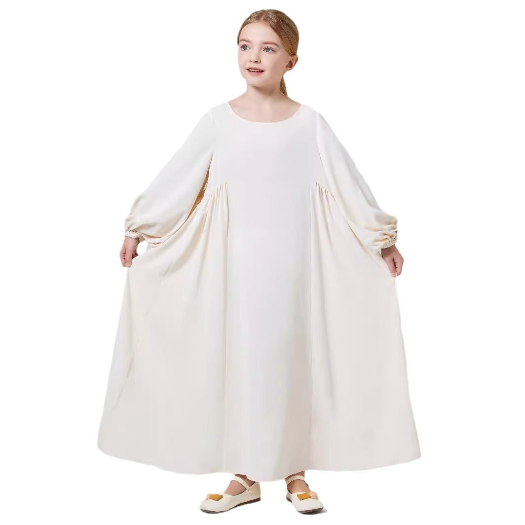 Girls White Cream Stretch Ruffled Sleeve Abaya Robe Dress - Yarafly 