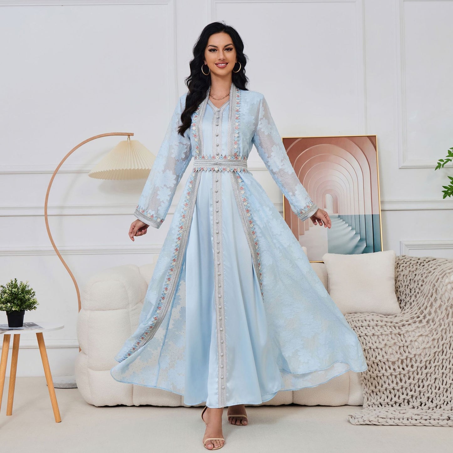 Powder Blue Jacquard 2-Piece Abaya Set with Floral Embroidery - Yarafly 