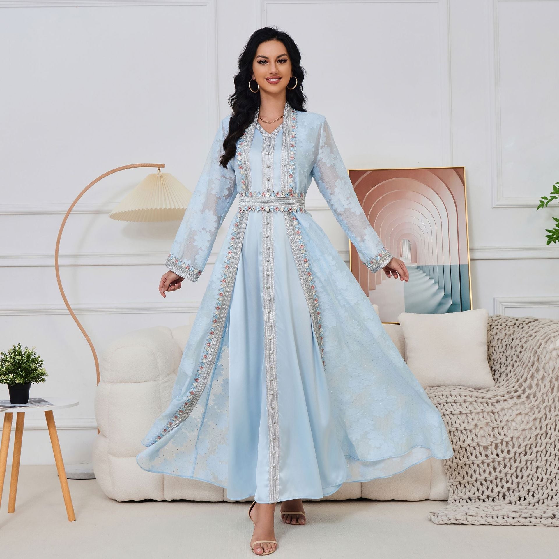 Powder Blue Jacquard 2-Piece Abaya Set with Floral Embroidery - Yarafly 