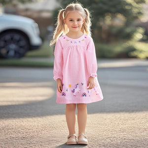 Toddler & Kids Pink Gingham Unicorn Dress – Long Sleeve Outfit - Yarafly