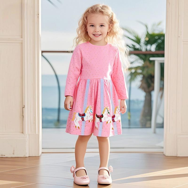Toddler & Kids Carousel Horse Pink Dress – Long Sleeve Party Outfit - Yarafly