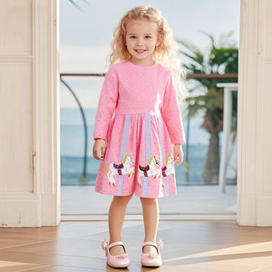 Toddler & Kids Carousel Horse Pink Dress – Long Sleeve Party Outfit - Yarafly