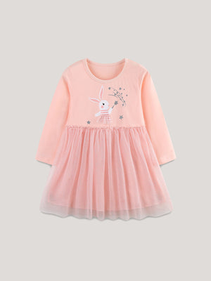 Girls Autumn Little Rabbit Embroidered Long Sleeve Princess Dress - Sizes 2T to 7T