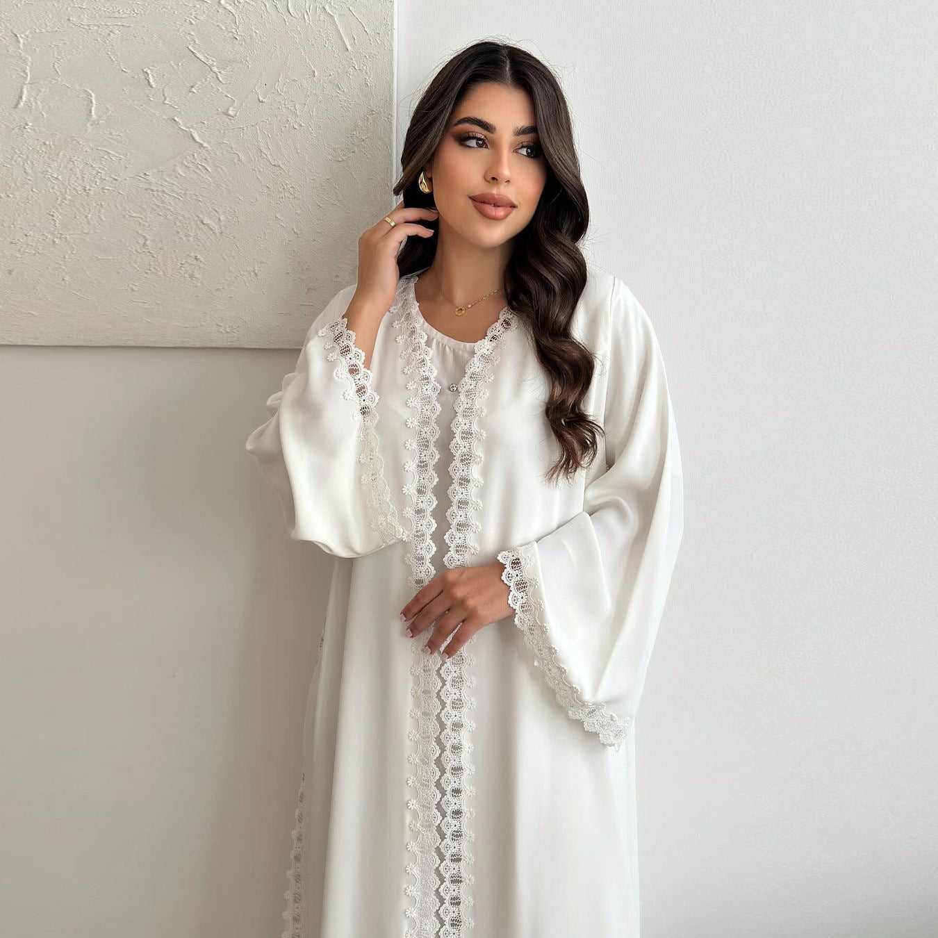 Elegant White Lace Trim Abaya | Pearl Open Front Kaftan | Modest Wear - Yarafly 