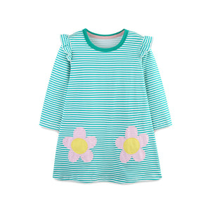 Girls Autumn Cartoon Flower Patches Striped Princess Dress - Sizes 2T to 7T