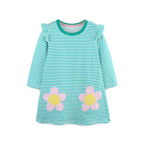 Girls Autumn Cartoon Flower Patches Striped Princess Dress - Sizes 2T to 7T