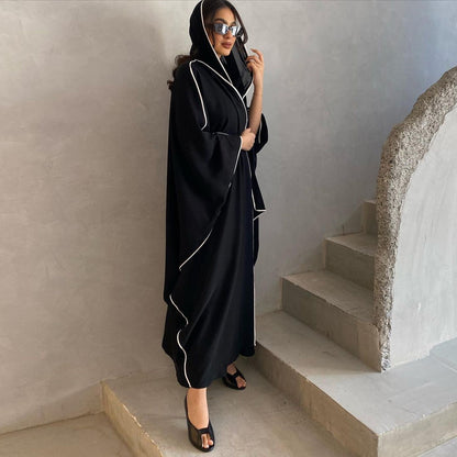 Modern Black Abaya with White Piping | Butterfly Cut Abaya | Modest Wear - Yarafly 