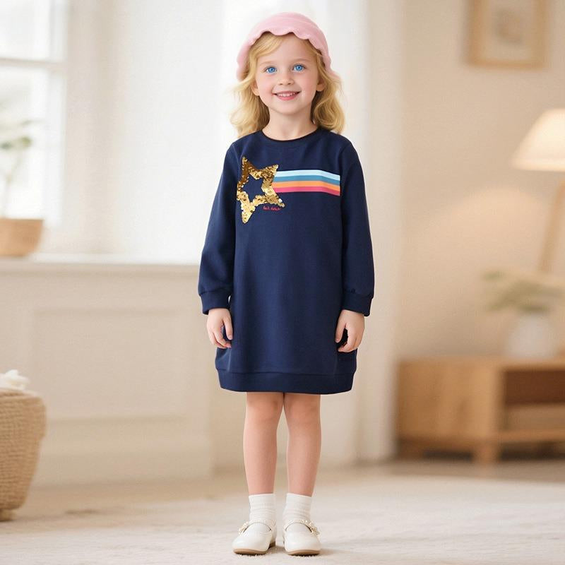 Toddler & Kids Navy Star Sequin Rainbow Stripe Dress - Yarafly
