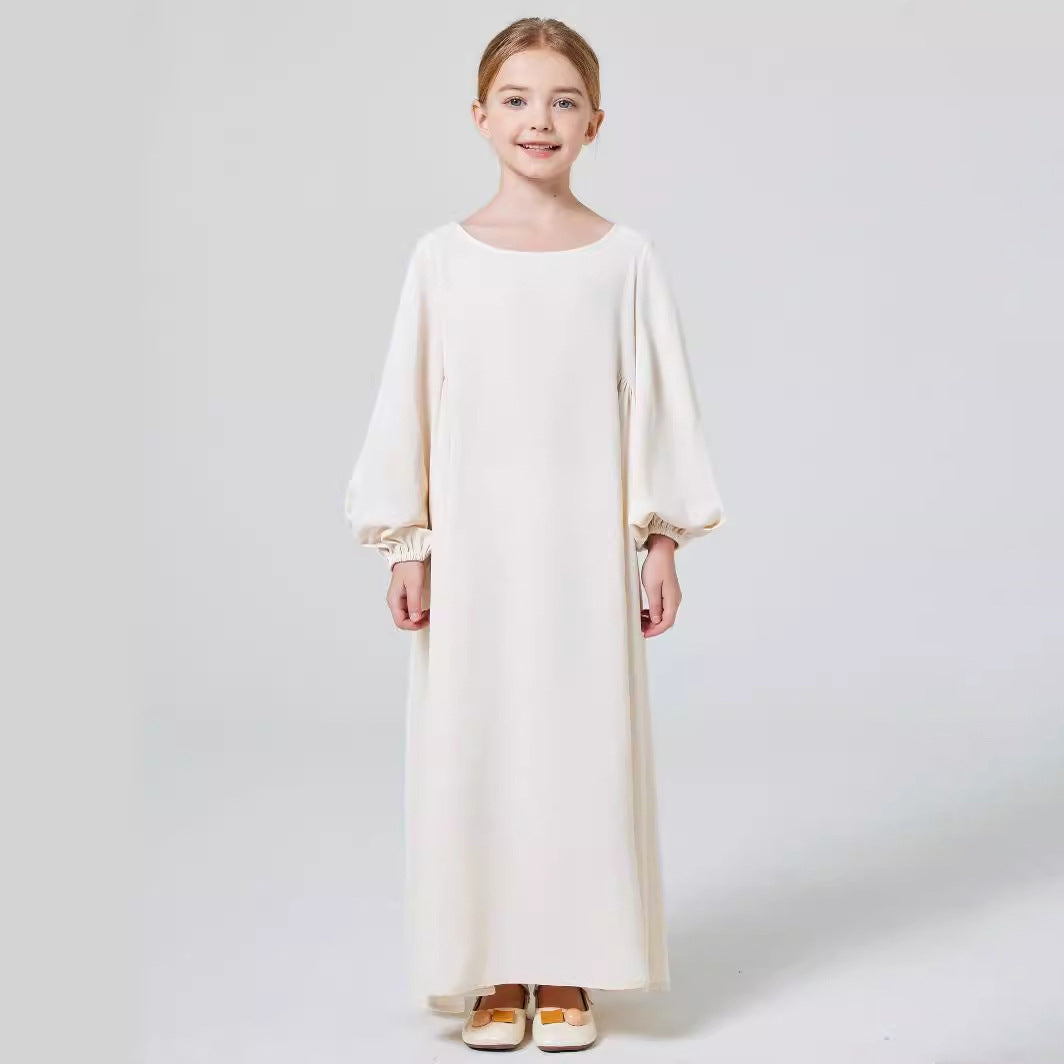 Girls White Cream Stretch Ruffled Sleeve Abaya Robe Dress - Yarafly 